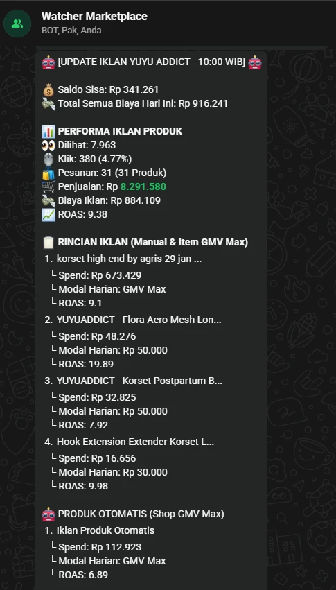 WAHA Watcher: Laporan Harian Iklan Shopee & GMV Max Otomatis